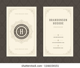 Luxury business card and vintage ornament logo vector template. Retro elegant flourishes ornamental frame design and pattern background. Luxury business card and vintage ornament logo vector template. Retro elegant flourishes ornamental frame design and pattern background.