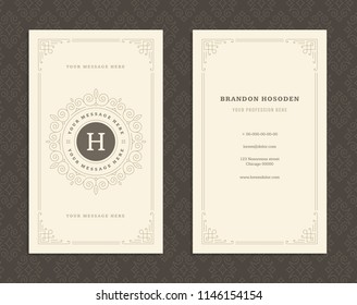 Luxury business card and vintage ornament logo vector template. Retro elegant flourishes ornamental frame design and pattern background.