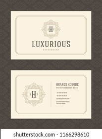 Luxury business card and vintage ornament logo vector template. Retro elegant flourishes ornamental frame design and pattern background.