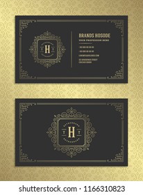 Luxury business card and vintage ornament logo vector template. Retro elegant flourishes ornamental frame design and pattern background.