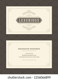 Luxury business card and vintage ornament logo vector template. Retro elegant flourishes ornamental frame design and pattern background.