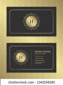 Luxury business card and vintage ornament logo vector template. Retro elegant flourishes ornamental frame design and pattern background.