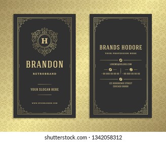 Luxury business card and vintage ornament logo vector template. Retro elegant flourishes ornamental frame design and pattern background.