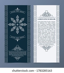 Luxury business card and vintage ornament logo vector template. Retro elegant flourishes ornamental frame design and pattern background.