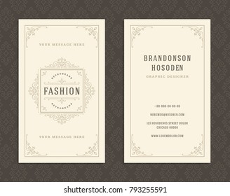 Luxury business card and vintage ornament logo vector template. Retro elegant flourishes ornamental frame design and pattern background.