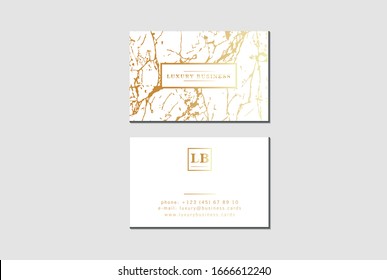 Luxury business cards vector template, banner and cover with marble texture and golden foil details on white background. Branding and identity graphic design.