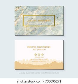 Tarjetas de visita de lujo plantilla vectorial, Banner y cubierta con textura de mármol y detalles de lámina dorada sobre fondo blanco, Estilo simple también moderno y elegante, Fácil de personalizar para que se ajuste a sus necesidades.