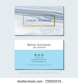 Luxury business cards vector template, Banner and cover with blue marble texture and gold foil details on white background, Simple style also modern and elegant, Easy to customize it to fit your need