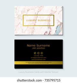 Luxury business cards vector template, Banner and cover with marble texture and golden foil details on white background, Simple style also modern and elegant, Easy to customize it to fit your needs.