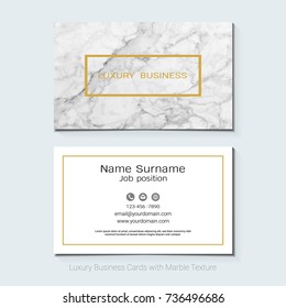 Luxury business cards vector template, Banner and cover with marble texture and golden foil details on white background, Simple style also modern and elegant, Easy to customize it to fit your needs.