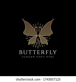Luxury butterfly logo icon with flower of life pattern inside wings on black background