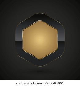 A Luxury button of hexagon shape with golden frame vector illustration. Premium realistic isolated website element, golden glossy label for game UI, menu with shiny light effect on border