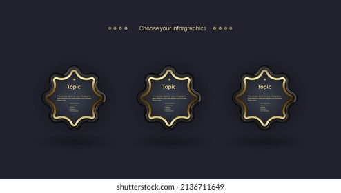 Luxuriöse Knöpfe Design und Premium-Elemente Formen Werkzeuge mit eleganten Star-Formen auf dunklem Hintergrund. Design abstrakter Elemente kreative Banner