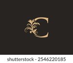 Luxury C letter logo with floral ornate design. Vintage swirl, graceful calligraphic letter identity for premium brand. Filigree, intricate rococo, flowery engraving C signs. Aesthetic elegance.