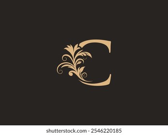 Luxury C letter logo with floral ornate design. Vintage swirl, graceful calligraphic letter identity for premium brand. Filigree, intricate rococo, flowery engraving C signs. Aesthetic elegance.