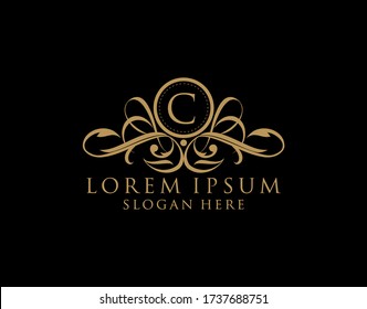 Luxury C Letter Logo, Flourishes calligraphic monogram emblem template for Restaurant, Boutique,Wedding, Hotel, Photography, Fashion and Label.