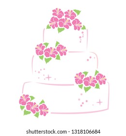 luxury cake with pink hibiscus flowers, abstract logo icon