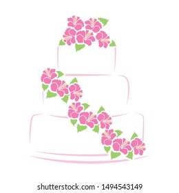 luxury cake with pink hibiscus flowers, vector