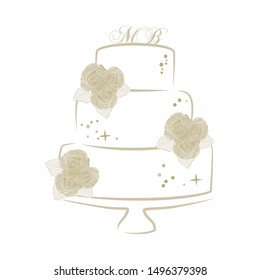 luxury cake with roses, glitters and initial letters, abstract logo icon