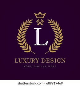 Luxury calligraphic letter L crown & key monogram logo. Laurel elegant beautiful round logo with crown and key. Vector letter emblem sign L for Royalty, Restaurant, Boutique, Hotel, Heraldic, Jewelry