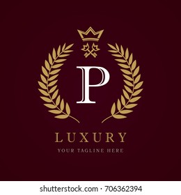 Luxury calligraphic letter P crown key monogram logo. Laurel elegant beautiful identity with crown and key. Vector letter emblem P for Royalty, Property, Restaurant, Boutique, Hotel, Heraldic, Jewelry