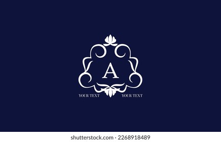 Luxury calligraphic logo with decorative frame and centered letter A. Floral monogram template for restaurant, royalty, boutique, cafe, hotel, heraldry, jewelry, fashion.