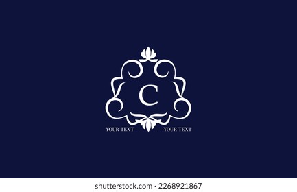 Luxury calligraphic logo with decorative frame and centered letter C. Floral monogram template for restaurant, royalty, boutique, cafe, hotel, heraldry, jewelry, fashion.