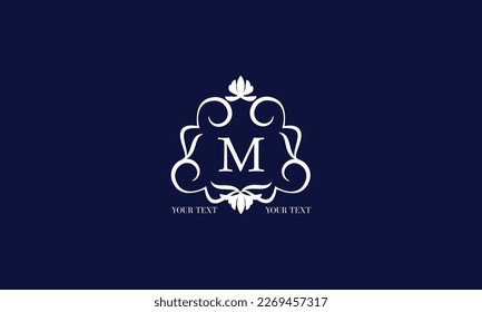 Luxury calligraphic logo with decorative frame and centered letter M. Floral monogram template for restaurant, royalty, boutique, cafe, hotel, heraldry, jewelry, fashion.