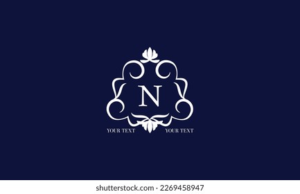 Luxury calligraphic logo with decorative frame and centered letter N. Floral monogram template for restaurant, royalty, boutique, cafe, hotel, heraldry, jewelry, fashion.