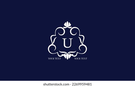 Luxury calligraphic logo with decorative frame and centered letter U. Floral monogram template for restaurant, royalty, boutique, cafe, hotel, heraldry, jewelry, fashion.