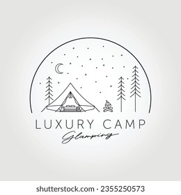 Luxury camp. Glamping recreation logo line art vector illustration design