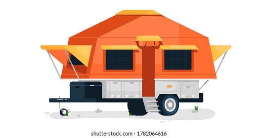 Luxury camping trailer. Isolated comfortable camper vehicle mobile home. Vector RV camping trailer transport for travel and vacation journey