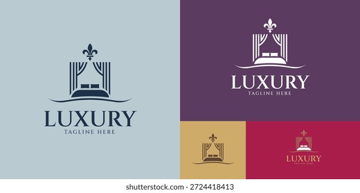 Luxury Canopy Bed Logo with Fleur-de-Lis – Elegant Boutique Hotel Resort Branding