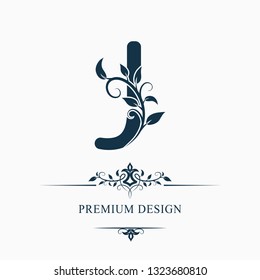 Luxury Capital Letter J. Decorative Floral Monogram. Branch with Leaves. Calligraphic Logo Template. Graphic Emblem. Good for Design of Pages, Stickers, Signage, Labels, Cards. Vector illustration