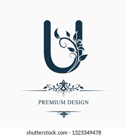 Luxury Capital Letter U. Decorative Floral Monogram. Branch with Leaves. Calligraphic Logo Template. Graphic Emblem. Good for Design of Pages, Stickers, Signage, Labels, Cards. Vector illustration