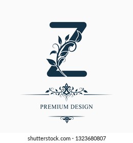 Luxury Capital Letter Z. Decorative Floral Monogram. Branch with Leaves. Calligraphic Logo Template. Graphic Emblem. Good for Design of Pages, Stickers, Signage, Labels, Cards. Vector illustration