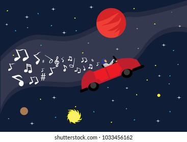 A luxury car with an astronaut or person floats in outer space and flies by planets like Mars and the Sun.