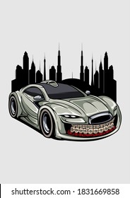 luxury car cartoon design with building background