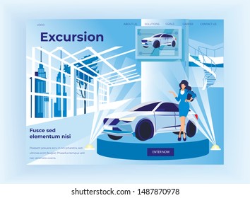 Luxury Car Presentation on Expo with Beautiful Woman Motor Show Presenter Model, Fashionable Slim Long Haired Girl on High Heels Stand Presenting Cool Auto on Podium. Cartoon Flat Vector Illustration