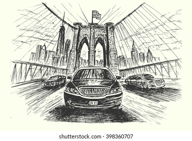 Luxury car quickly moving on Brooklyn bridge,perspective view and cityscape panorama of Manhattan,hand drawn,sketch style, isolated,vector,illustration.