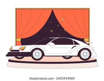 Objeto de dibujos animados lineal 2D de la sala de exposición del coche de lujo. Realizando innovador modelo de automóvil línea aislada elemento de Vector de fondo blanco. Exposición del vehículo para los compradores ilustración de punto plano en color