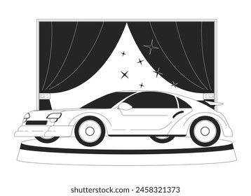 Luxury car showroom black and white 2D line cartoon object. Performing innovative automobile model isolated vector outline item. Vehicle exposition for buyers monochromatic flat spot illustration