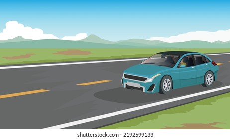 Luxury car travel trip to nature. Driver came alone on the asphalt road. Road cuts across the vast plains with a complex mountainous background. Under blue sky and white clouds.