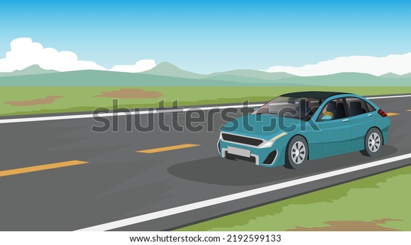 Luxury car\
travel trip to nature. Driver came alone on the asphalt road. Road\
cuts across the vast plains with a complex mountainous background.\
Under blue sky and white\
clouds.