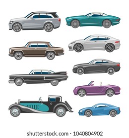 Luxury car vector retro auto transport and vehicle automobile illustration set of automotive industry isolated citycar on white background illustration