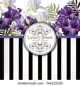 Luxury card with flowers Vector. Beautiful illustration for brand book, business card or poster. Striped background. Place for texts