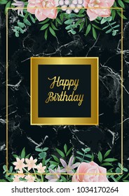 Luxury Card with gold frame, pink flowers, greenery. Spring Happy Birthday composition on black marble backdrop. Floral template wiht text place for holiday cards, wedding invitation, poster, covers.