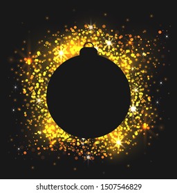 Luxury card with golden sparkles and a silhouette of a Christmas ball on a dark background. New Year banner for congratulations. Vector template for your creativity.