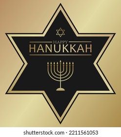 Luxury card with golden text Happy Hanukkah, chandelier and star of David on the black background with golden frame for Hanukkah Jewish holiday. Celebration banner, wallpaper or poster.