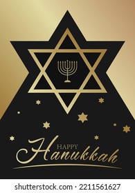 Luxury card with golden text Happy Hanukkah, chandelier and star of David on the black background with golden frame for Hanukkah Jewish holiday. Celebration banner, wallpaper or poster.